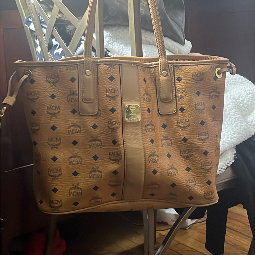 MCM Brown Logo Pattern Leather Tote